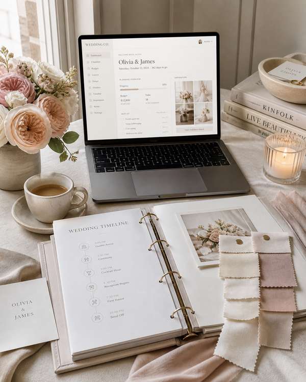 Wedding planning desk with laptop, timeline binder, fabric swatches, and a bouquet of garden roses