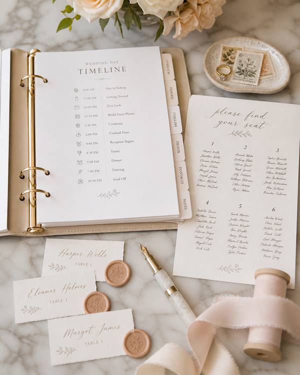 An organized day-of wedding binder with hand-lettered seating chart and place cards on marble