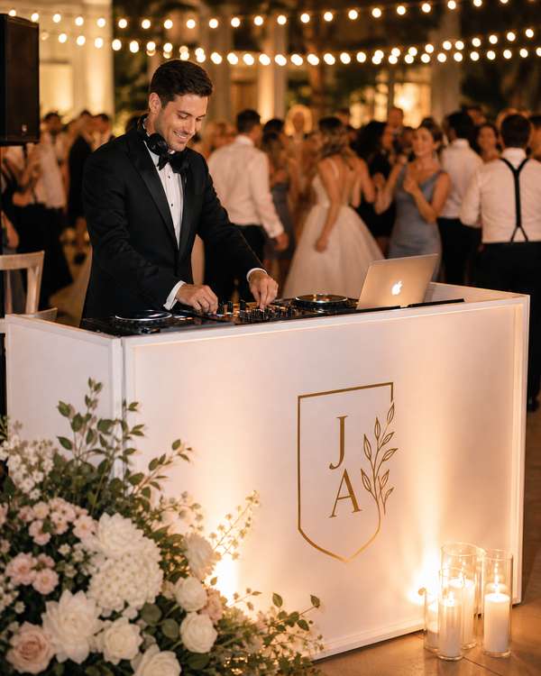 A DJ at a stylish wedding reception behind a clean white acrylic booth with warm uplighting