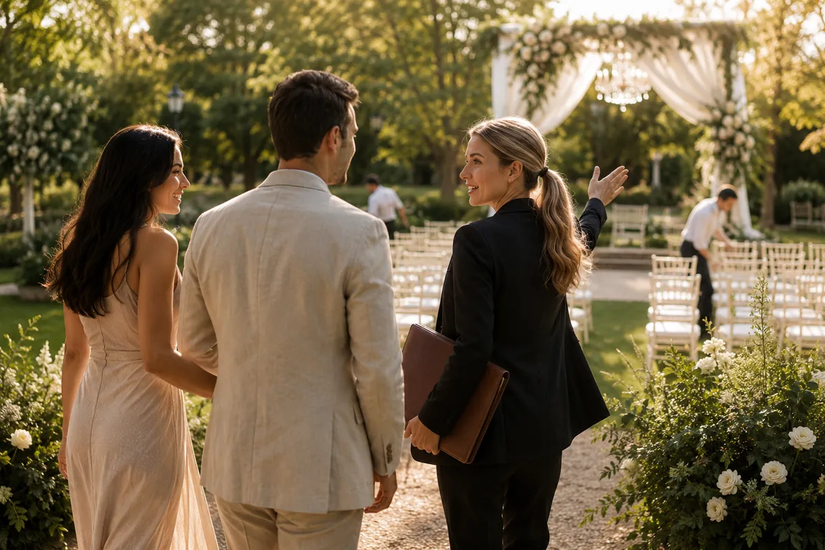 A wedding planner walks an engaged couple through a garden venue as white chairs are set up