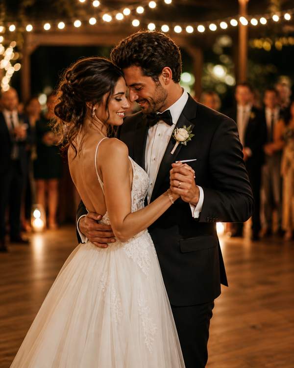 A tender first-dance moment between bride and groom under warm string lights at an evening reception