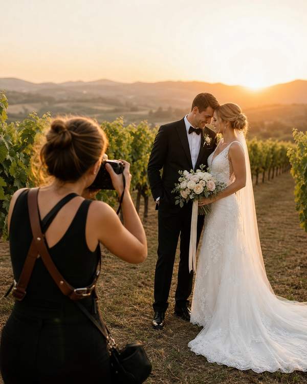 A wedding photographer with a DSLR capturing a bride and groom in golden hour at a vineyard