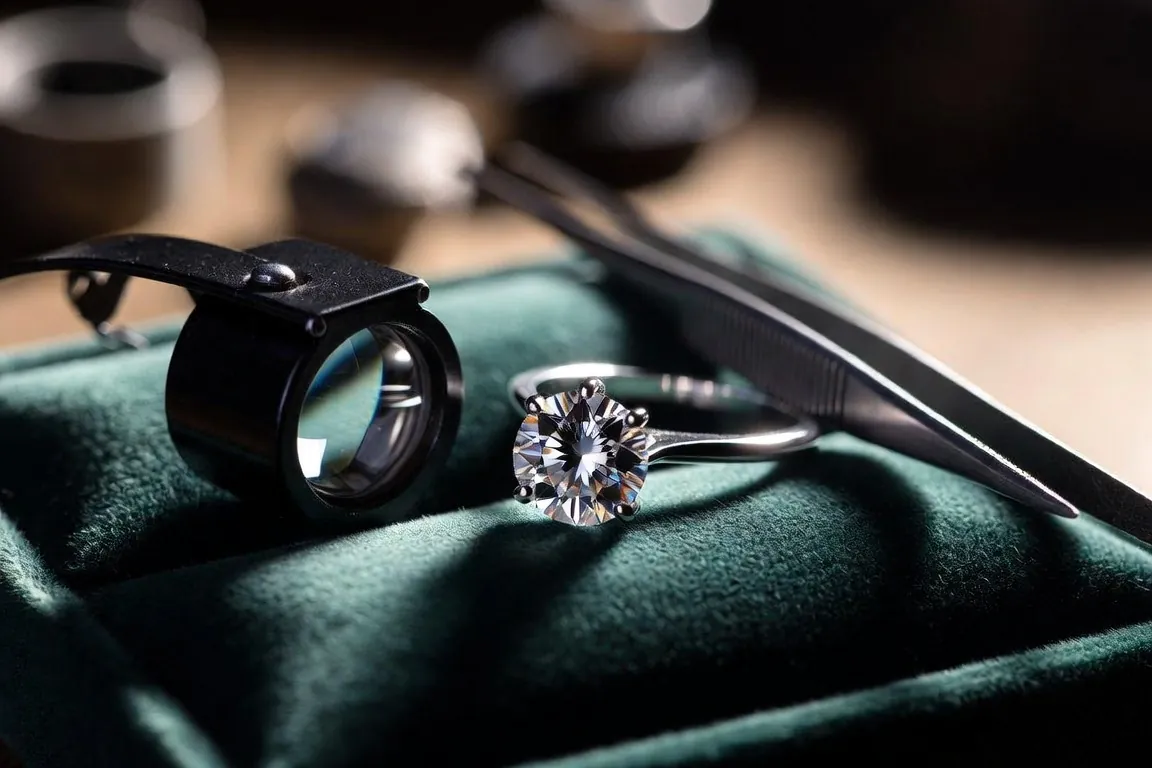 A round diamond solitaire ring on a jeweler's velvet tray beside a loupe and tweezers