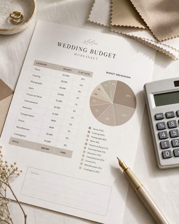 A wedding budget allocation worksheet with a calculator, fountain pen, fabric swatches, and printed pie chart