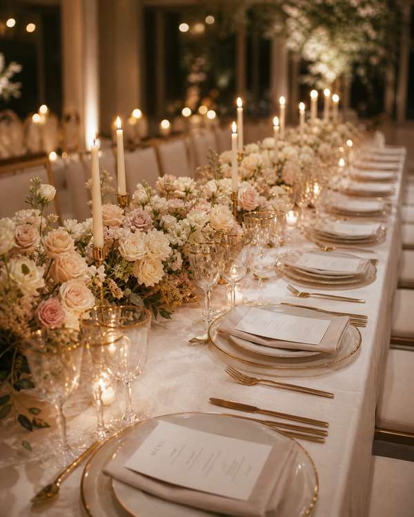 An elegant wedding reception tablescape set for twelve with gold-rimmed glassware, low floral runners, and tapered candles