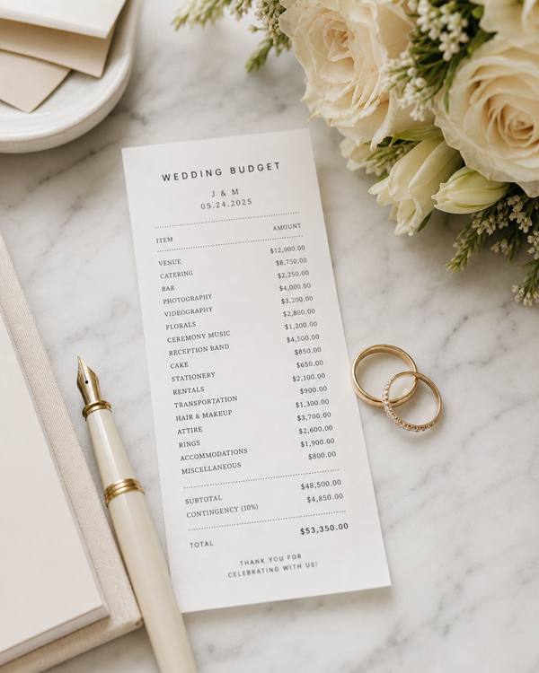 A pair of wedding rings on top of a printed itemized wedding budget receipt with cream roses and a fountain pen