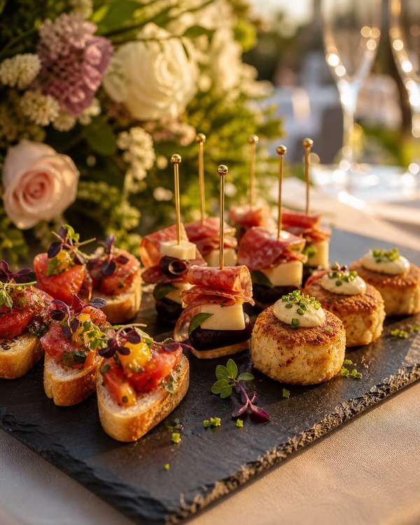 A tray of cocktail hour hors d'oeuvres on a slate board with bruschetta, charcuterie skewers, and crab cakes
