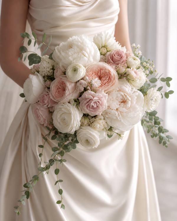 A luxurious bridal bouquet of garden roses, peonies, and trailing eucalyptus held against an ivory silk dress