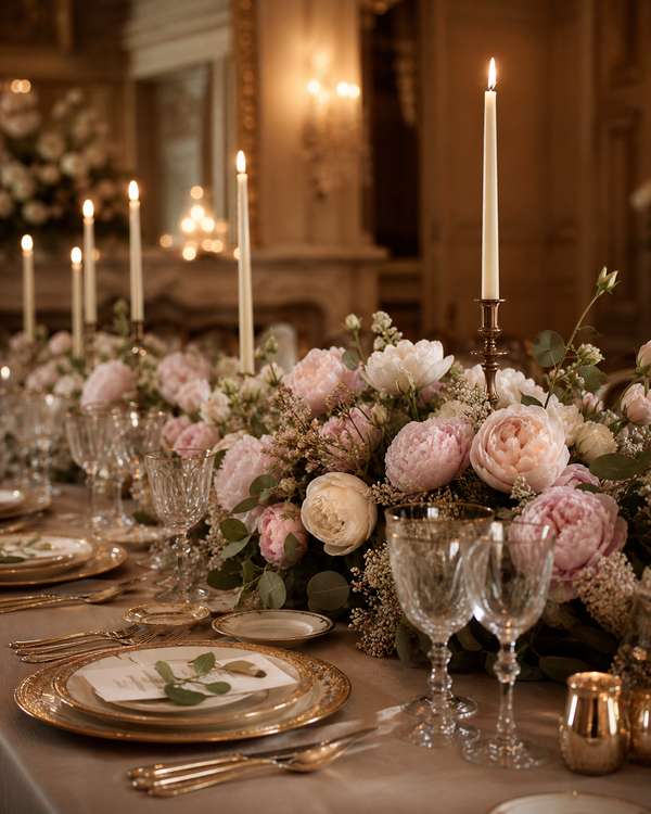A low wedding reception centerpiece of garden roses, peonies, eucalyptus, and tapered cream candles on a banquet table