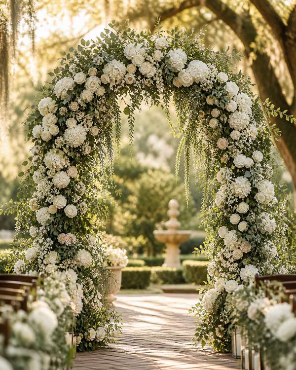 A wedding ceremony arch with cascading ivory roses, white peonies, and trailing greenery in golden hour