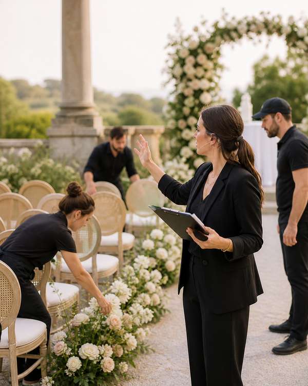 A wedding planner with an earpiece headset and clipboard giving direction to vendors at a ceremony setup