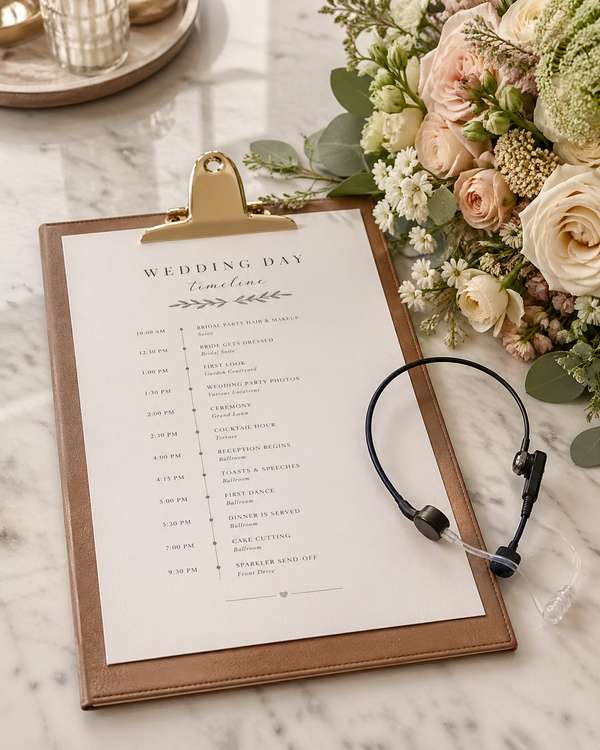 A wedding planner's clipboard with a printed timeline and earpiece headset on marble next to a small bouquet