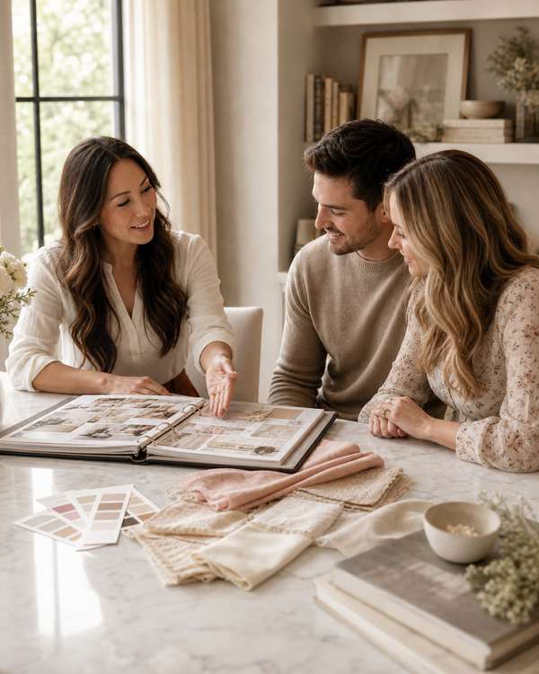 A wedding planner reviewing fabric swatches and a mood board binder with an engaged couple at a marble-top table