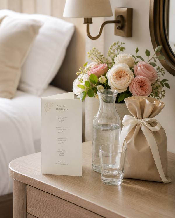 A hotel room nightstand styled with a small bouquet, an itinerary card, a glass carafe, and a ribbon-wrapped welcome bag