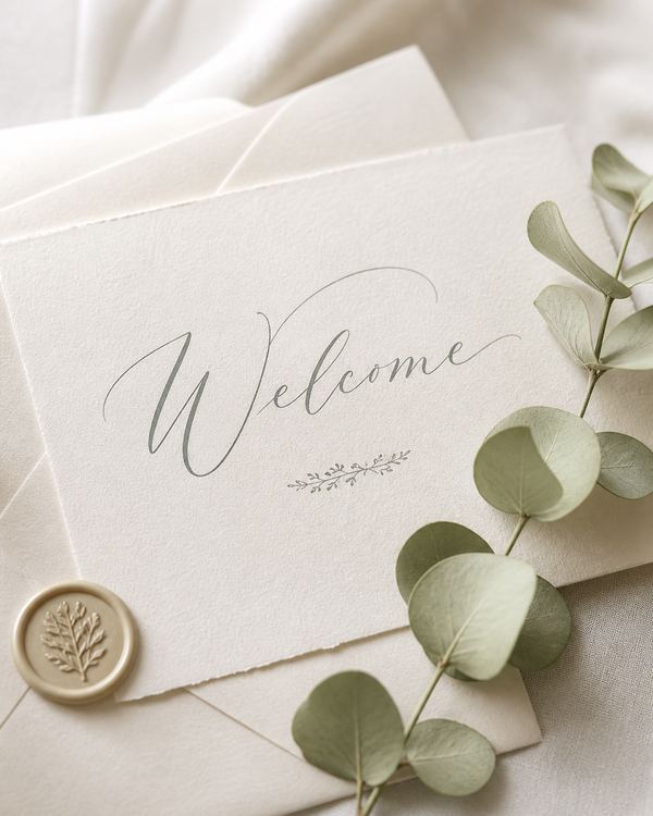 A close-up of a hand-lettered welcome card with eucalyptus and a wax seal on cream cardstock