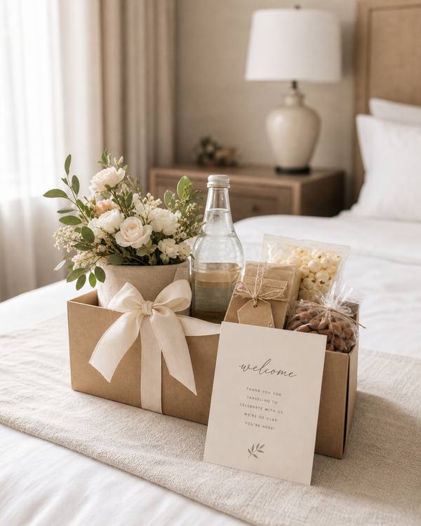 A curated welcome gift basket for wedding guests with snacks, water, fresh flowers, and a printed welcome card